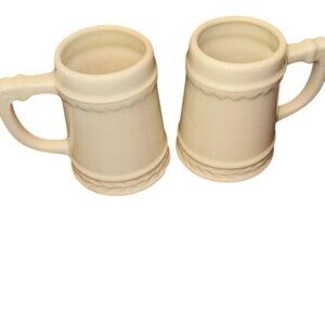 Set Of 2 Vintage White Ceramic Beer Steins/Mugs Embossed Design 3.5" Tall USA Ma